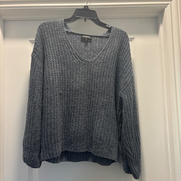 Express Dusty Blue Chenille Oversized V Neck Sweater - Picture 5 of 7